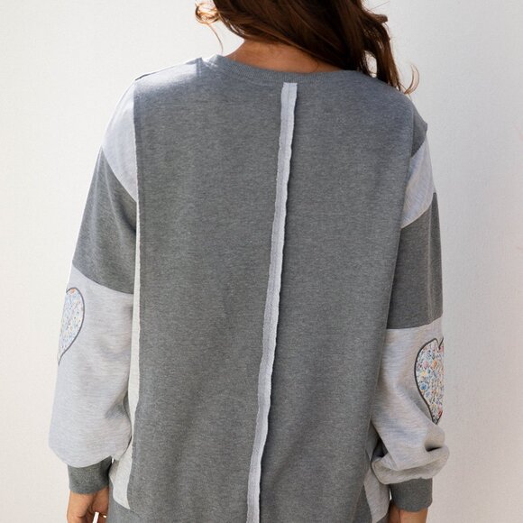 B324  Grey LOVE Graphic Exposed Seam Patchwork Uneven Hem Chic Sweatshirt - Picture 5 of 5
